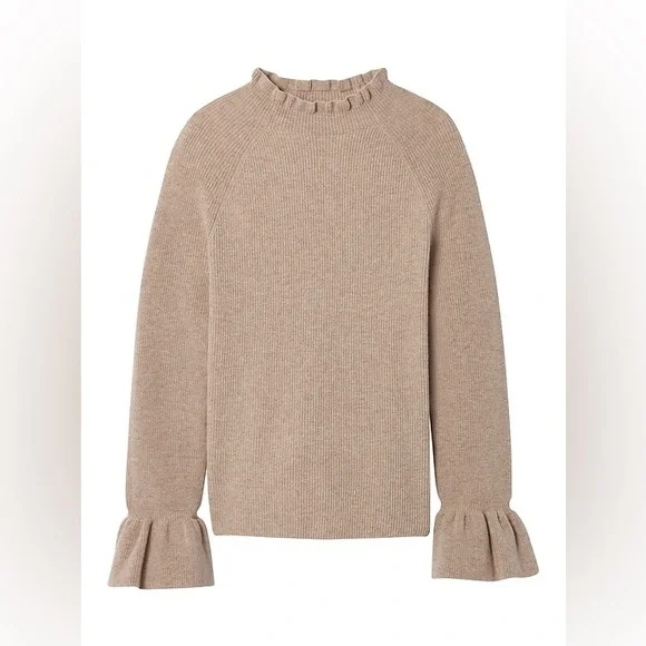 Banana Republic Greige Ruffle-Cuff Turtleneck Wool Cashmere Blend M - Picture 2 of 8